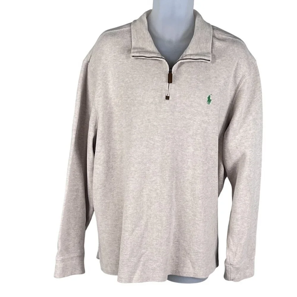 Polo Ralph Lauren Mens XXL Tan Rib Mockneck 1/4 Zip Pullover Old Money Timeless
